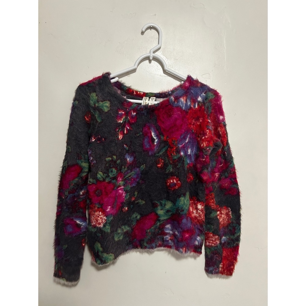 Meadow Rue Anthropologie Ariel Floral Eyelash Knit Fuzzy Sweater Grey Pink XS